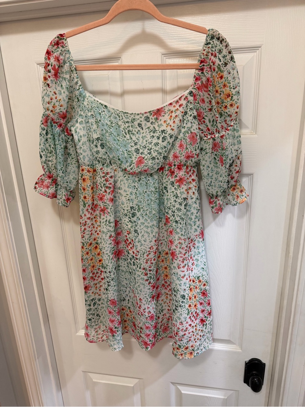 The Vanity Room Mint Floral Puff-Sleeve Dress with Pink & Orange Blooms